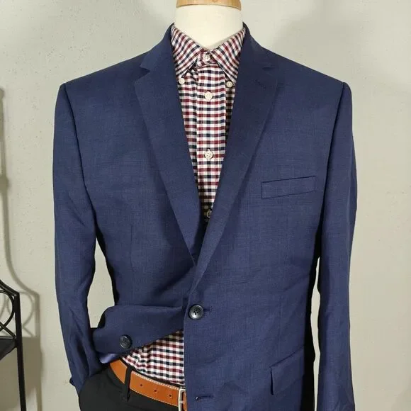 Perry Ellis Men's Sport Coat Blazer‎ Two Button Navy Blue Wool Poly Slim Fit 46L